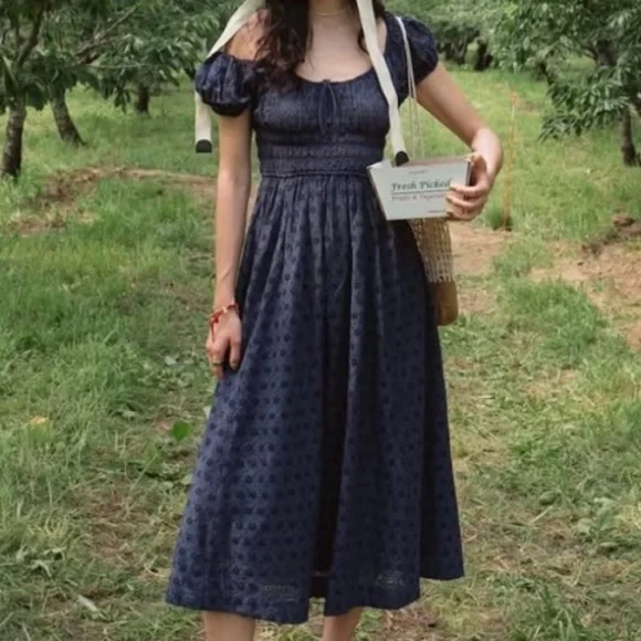 NWT Doen Quinn Cotton Short Sleeve Midi Maxi Dress Adriatic Eyelet Blue Navy
